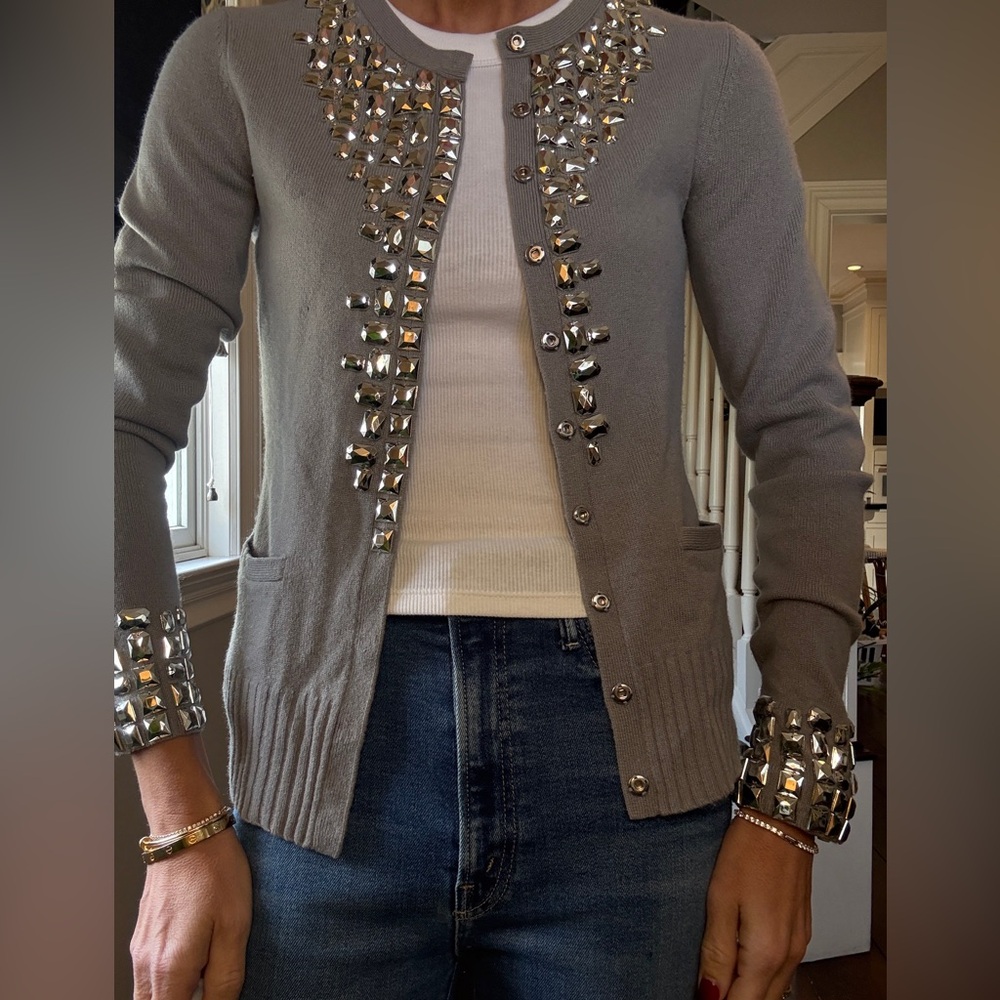Tory Burch 100% Cashmere Gray Cardigan with Silver Geo Embellishments